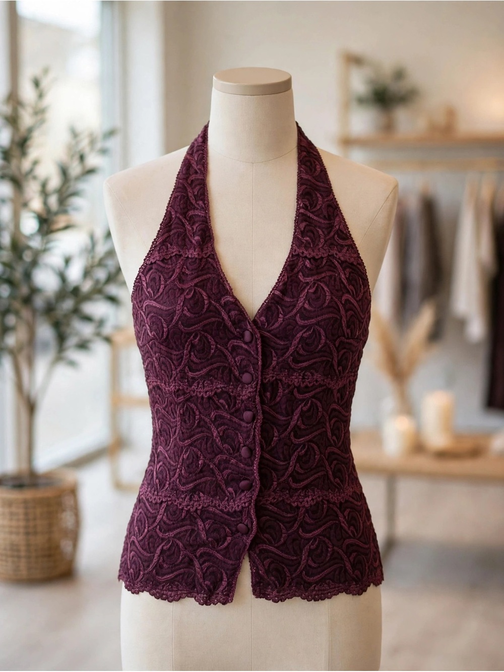 bebe Plum Lace Halter Button-Front Top